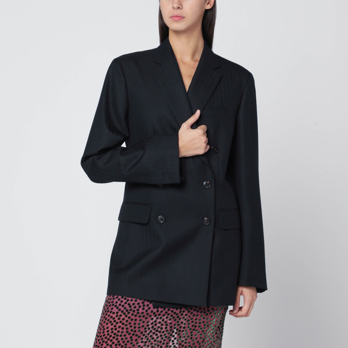 Monot Dries Van Noten Navy Blue Double Bestodedウールジャケット - Image 2