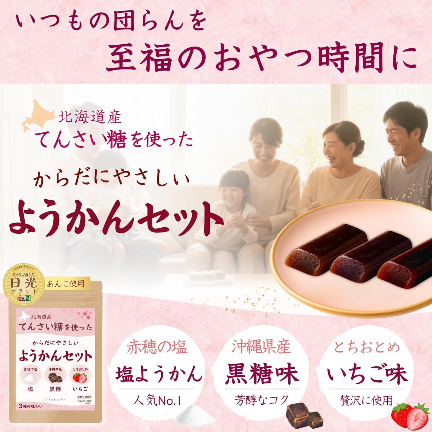 Wellsweet Mini Yōkan Set (Salt/Brown Sugar/Strawberry) Yōkan Hokkaido Small Red Beans × Cane Sugar 20g×18pcs