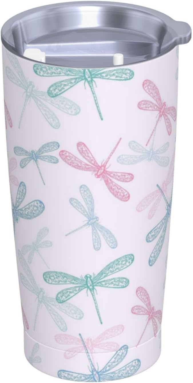 Dragonfly - Vaso de 20 onzas con tapa y popote para mujeres y hombres, taza aislada con diseño de libélula rosa y azul, para amantes de los animales, vaso de acero inoxidable de doble pared