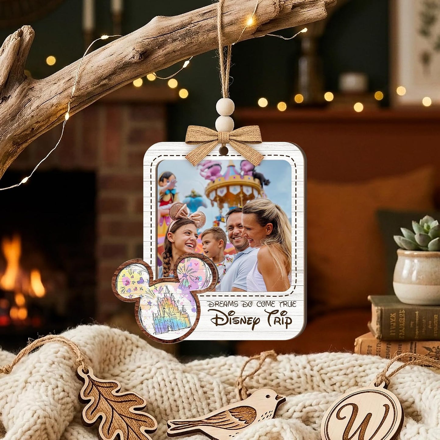 Viaje Familiar 2025 Adorno de Foto de Madera – “Los Sueños se Hacen Realidad” Adorno Personalizado de Vacaciones Familiares – Decoración Rústica de Granja para Navidad con Diseño de Castillo del Reino