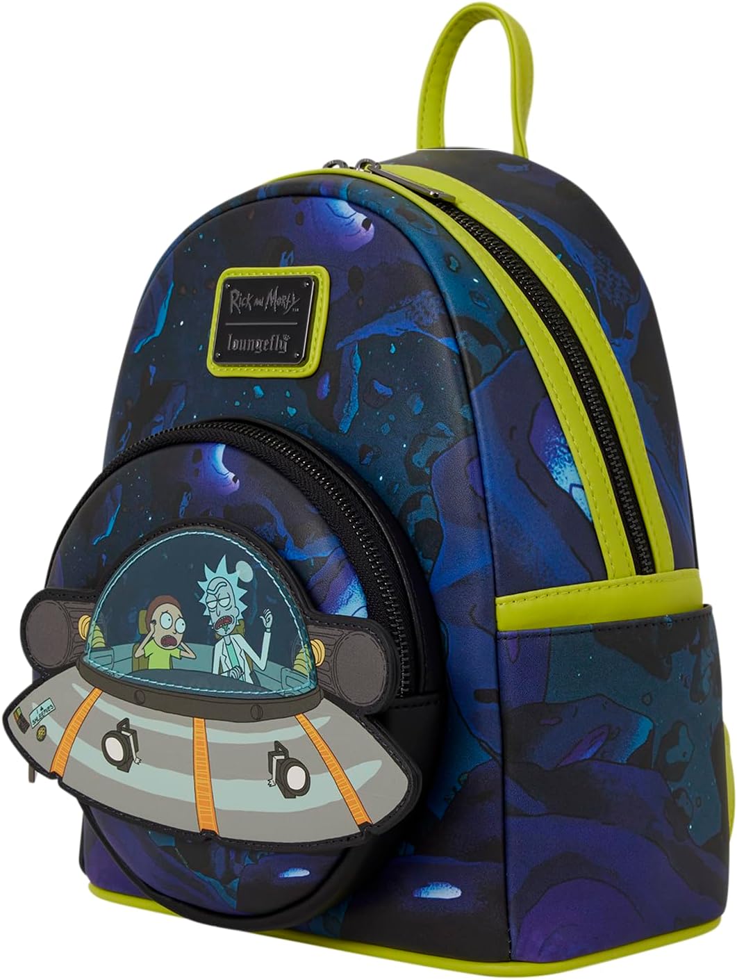 Loungefly Cartoon Network: Rick and Morty - Space Cruiser - Mini mochila con dije de cremallera - Brilla en la oscuridad - Bolsas coleccionables