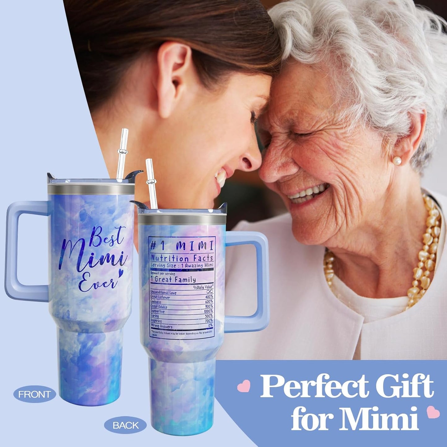 Mimi - Vaso de café con asa y pajita, de acero inoxidable, con diseño de Best Mimi Ever Sky Blue, 40 onzas, regalo para la abuela