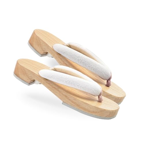 Amemari Women's White Wood Yukata, Lace, Embroidery, Mimosa Embroidery, Fashionable, Painless, Plump Thong, One-class Top Clogs, Beautiful Wood Geta, Yukata Accessories, Dull Color, Thong, Clogs