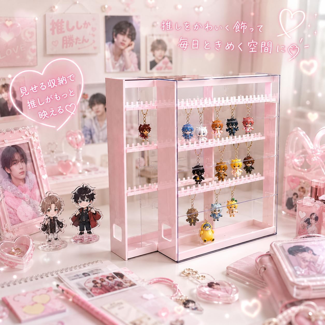 Keychain Storage Acrylic Case Acrylic Keychain Gacha Gacha Compatible Side-by-Side Drawer 2-Tier W25×D17×H18cm Otaku Activity Transparent Display (Pink)