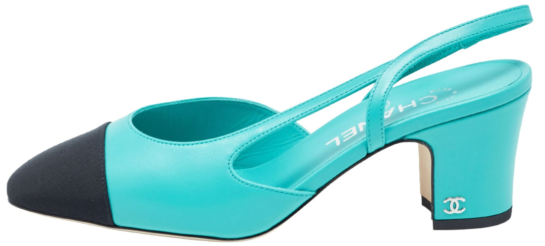 CHANEL GABRIELLE SLINGBACK HEELS TEAL 24C
