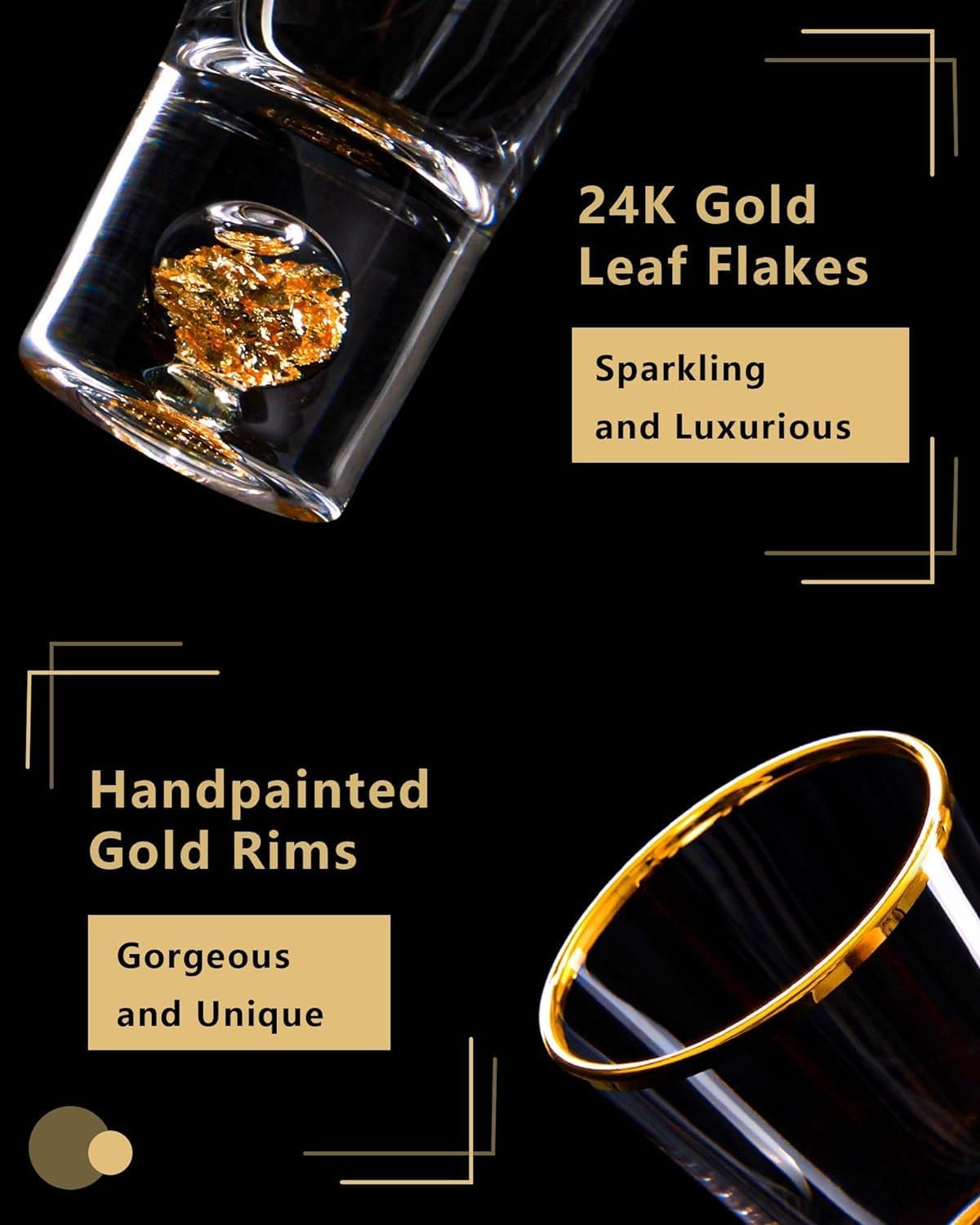 【morningplace】Crystal Shot Glass Heavy Base with 4K Gold Foil Flakes Heat Resistant Cup Gift Tequila Espresso Party (Set of 6)