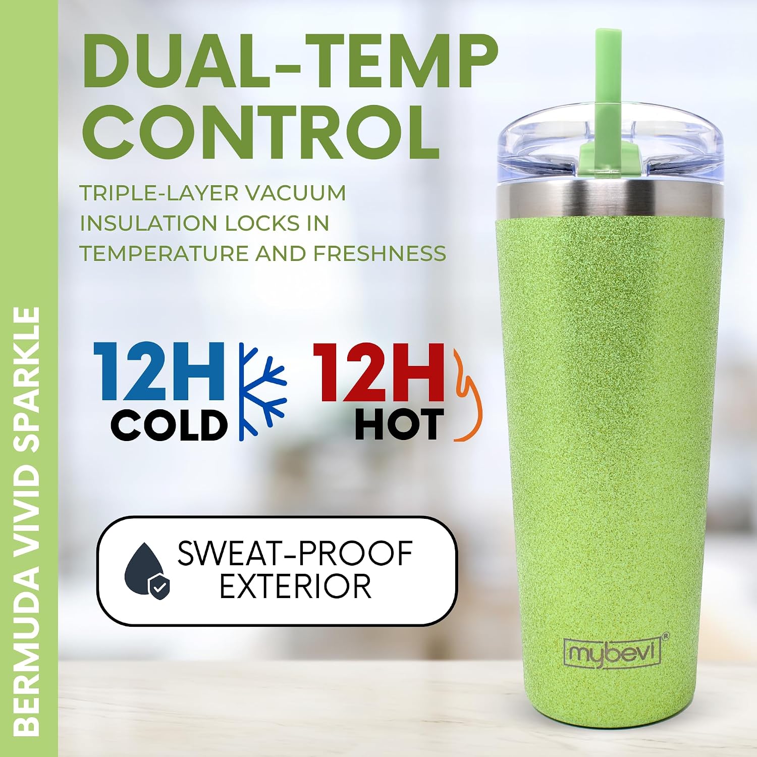 MyBevi Bermuda Vivid Sparkle - Vaso de acero inoxidable aislado con tapa, doble pared sellada al vacío, taza de viaje apta para soportes de automóvil, 20 onzas, verde menta