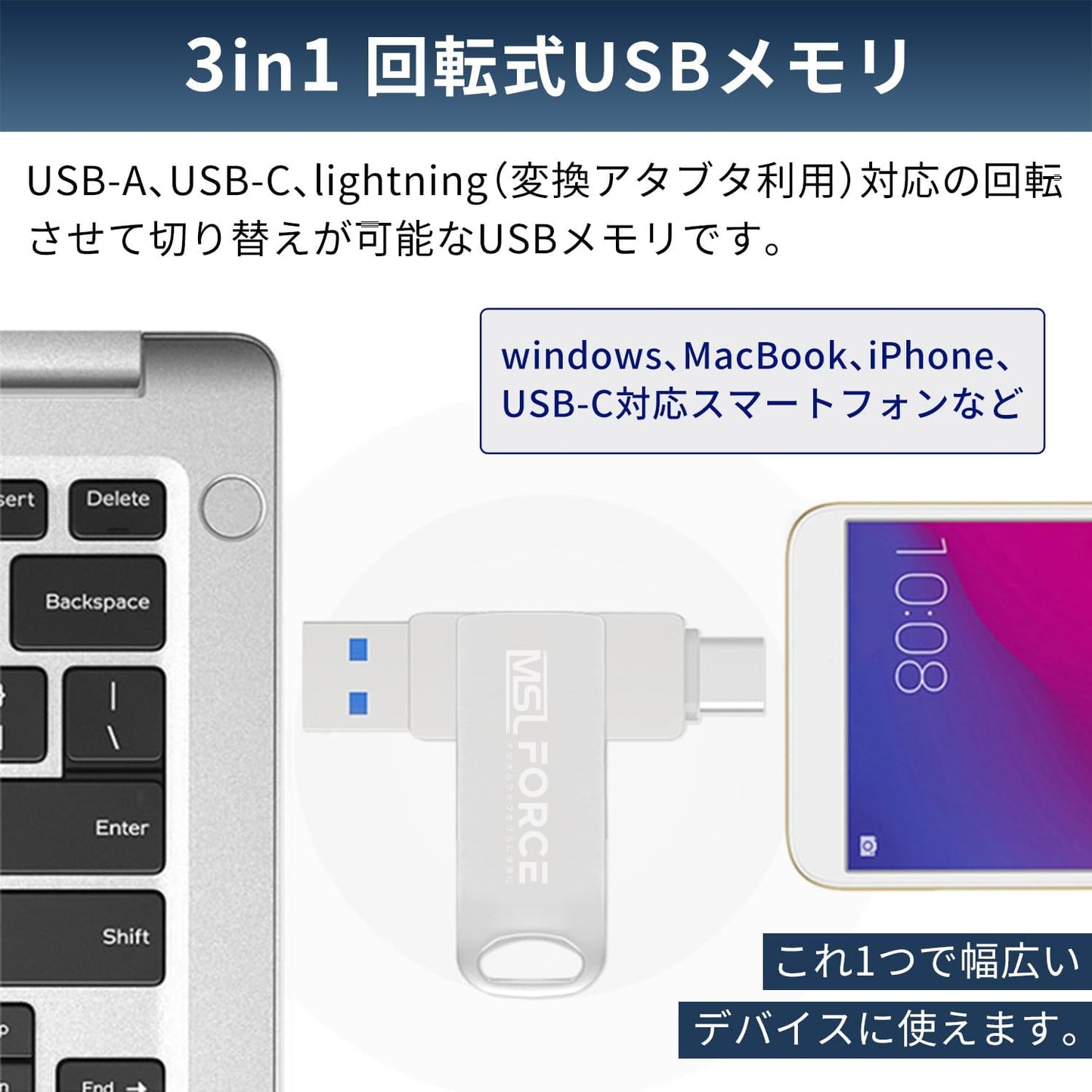 USB Memory, 2 in 1 USB3.0, USB-C 256 GB, 512 GB, 1 TB, Windows, Mac PC, iPhone and iPad, Eliminates Insufficient Capacity, Smartphones, Tablets, External Memory, 360° Rotation, Data Transfer, Backup,