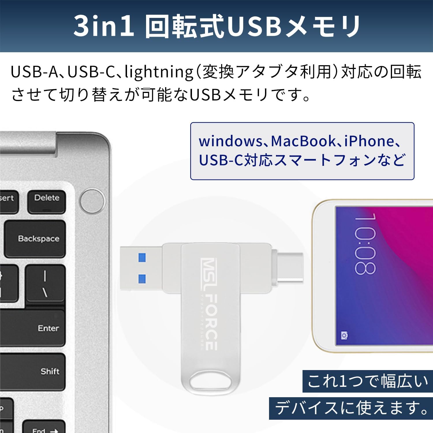 USB Memory, 2 in 1 USB3.0, USB-C 256 GB, 512 GB, 1 TB, Windows, Mac PC, iPhone and iPad, Eliminates Insufficient Capacity, Smartphones, Tablets, External Memory, 360° Rotation, Data Transfer, Backup,