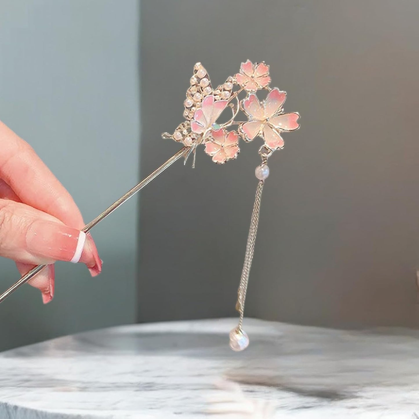 EZ PEACH Cherry Blossom Flower Pearl Hairpin Hair Clip Bangs Hair Closure Kimono Kimono Hair Accessory (Cherry Blossom 02)