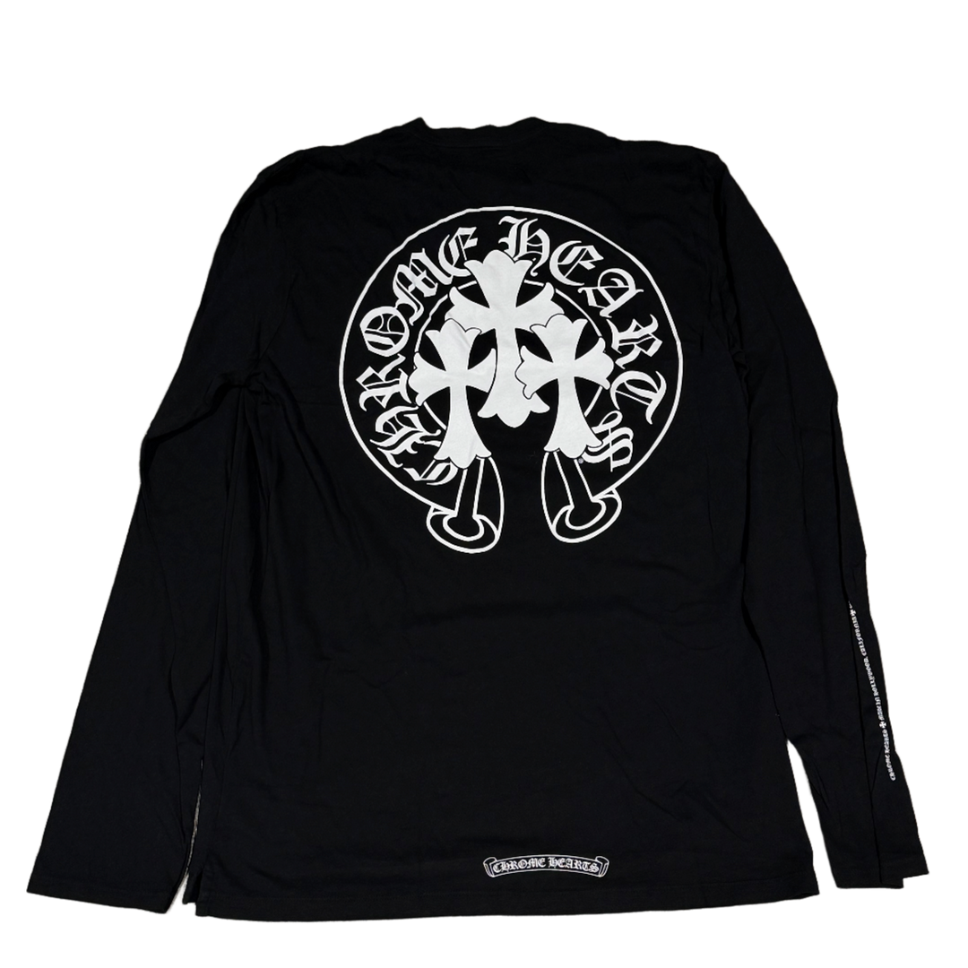 CHROME HEARTS 'SILVER FLEUR BUTTON' HORSESHOE CROSSES BLACK LONGSLEEVE