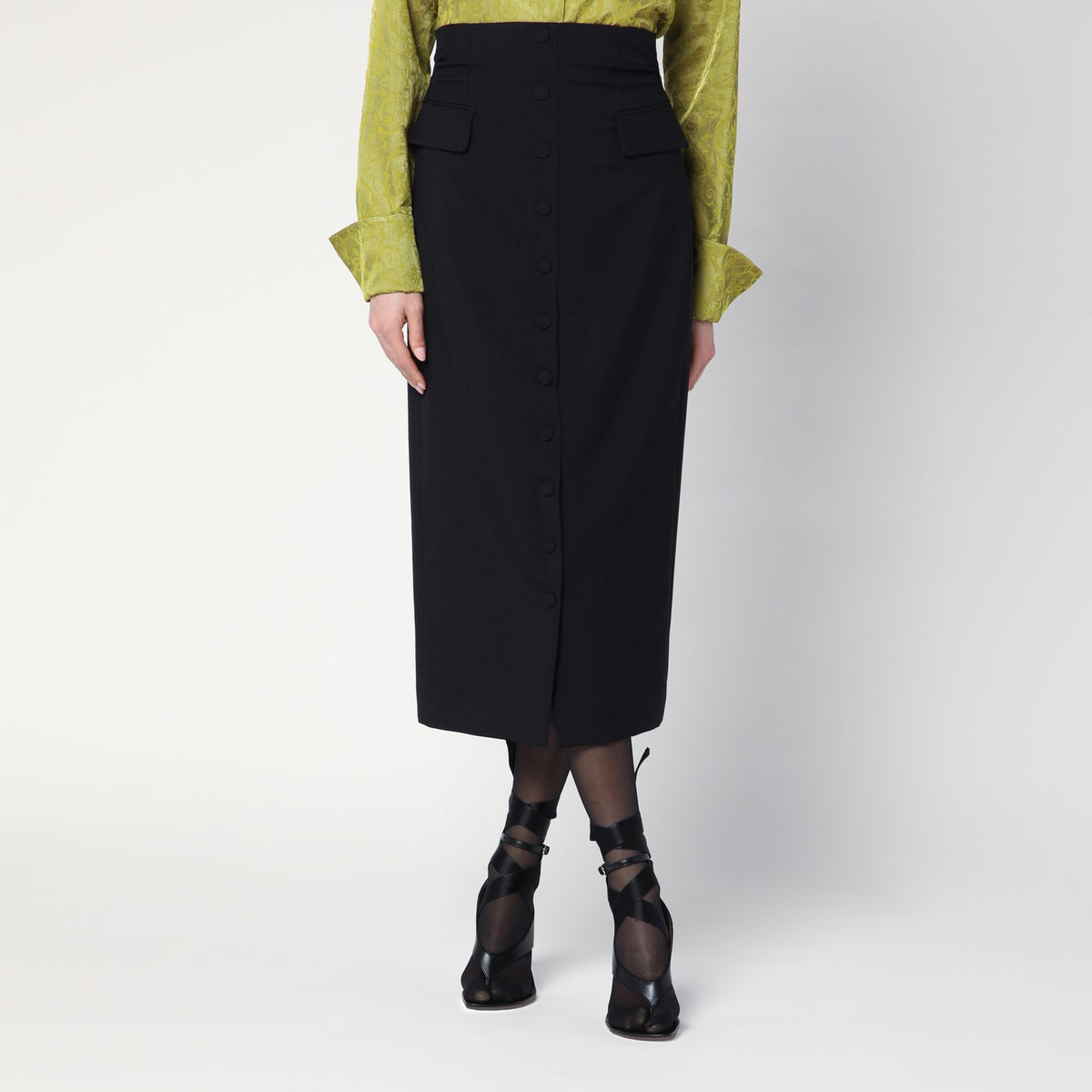 Monot Dries Van Noten Black WoolとMohair Midi Skirt - Image 2