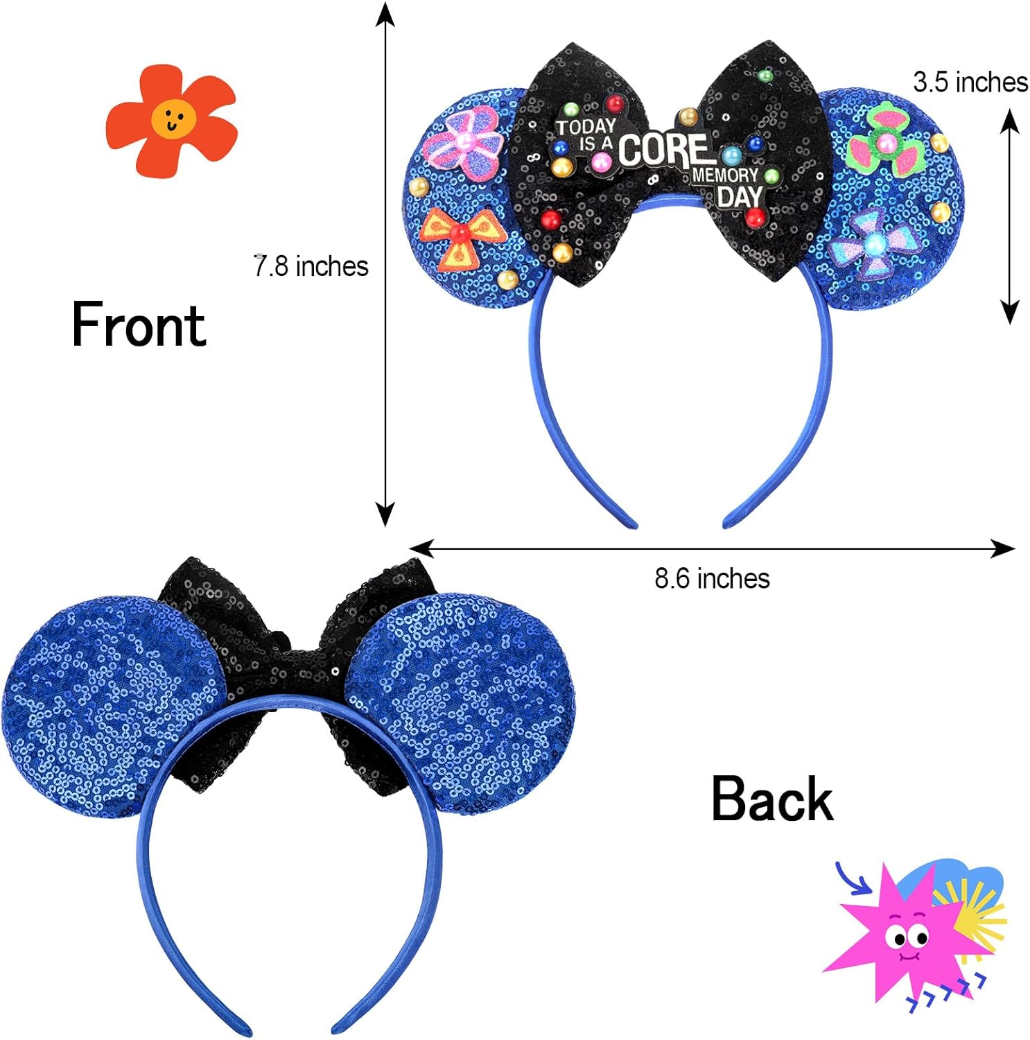 ETLUK Diadema con orejas de ratón, diadema azul con lazo de lentejuelas para mujeres, niñas y adultos, orejas de parque para cosplay, accesorios de decoración de fiesta