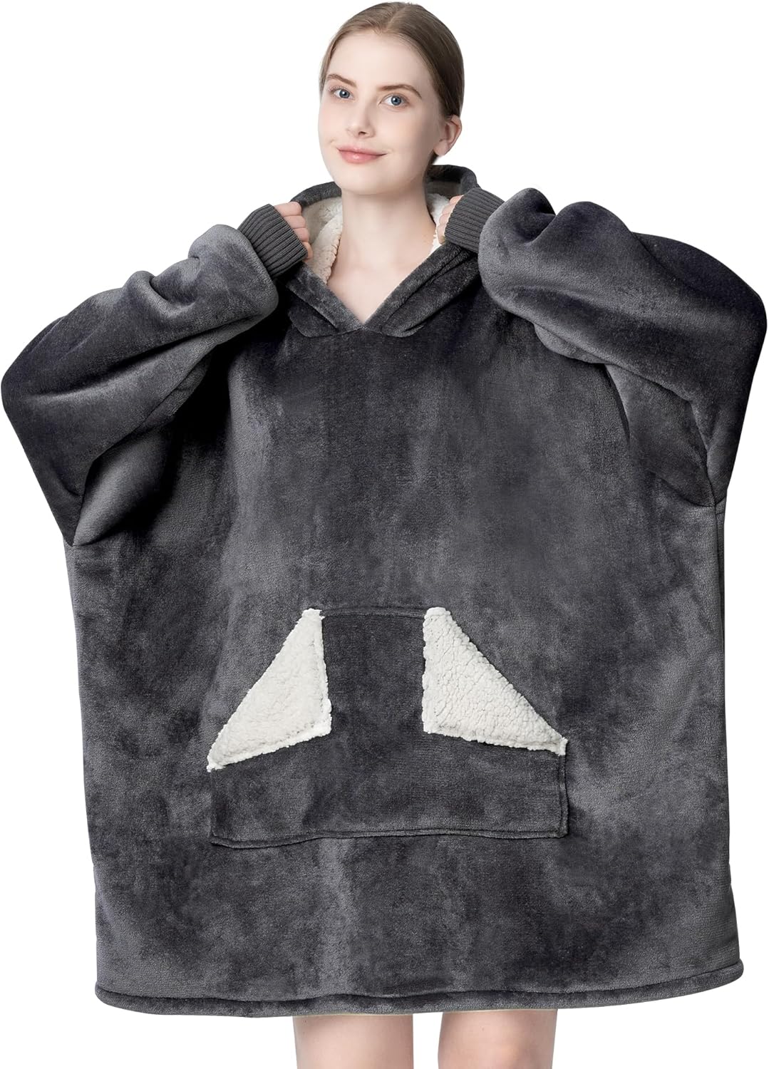 Touchat - Manta con capucha portátil, sudadera con capucha de forro polar sherpa de gran tamaño con bolsillo gigante y mangas para adulto, regalo de manta gris cálida y acogedora para mujeres