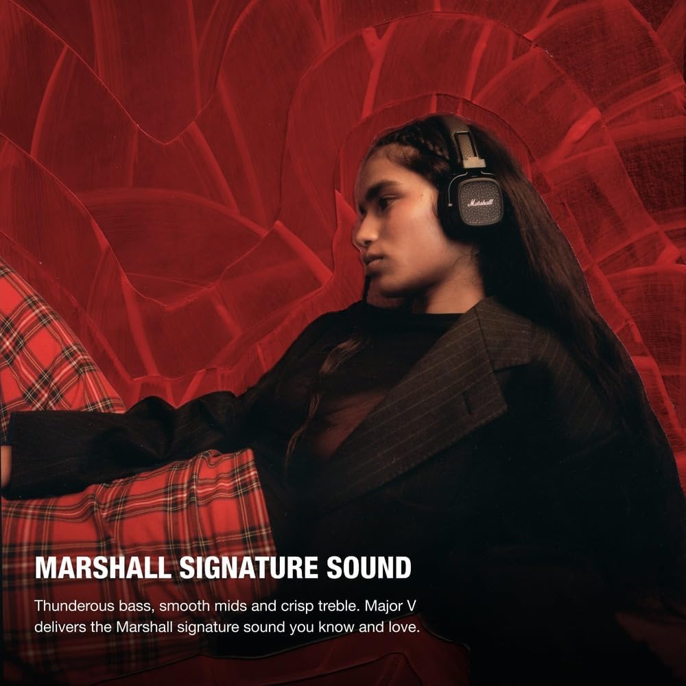 Marshall Major V Wireless On-Ear Headphones, Black, Bluetooth, 100 Hours of Continuous Playback, Qi Charging Compatible, Call Compatible