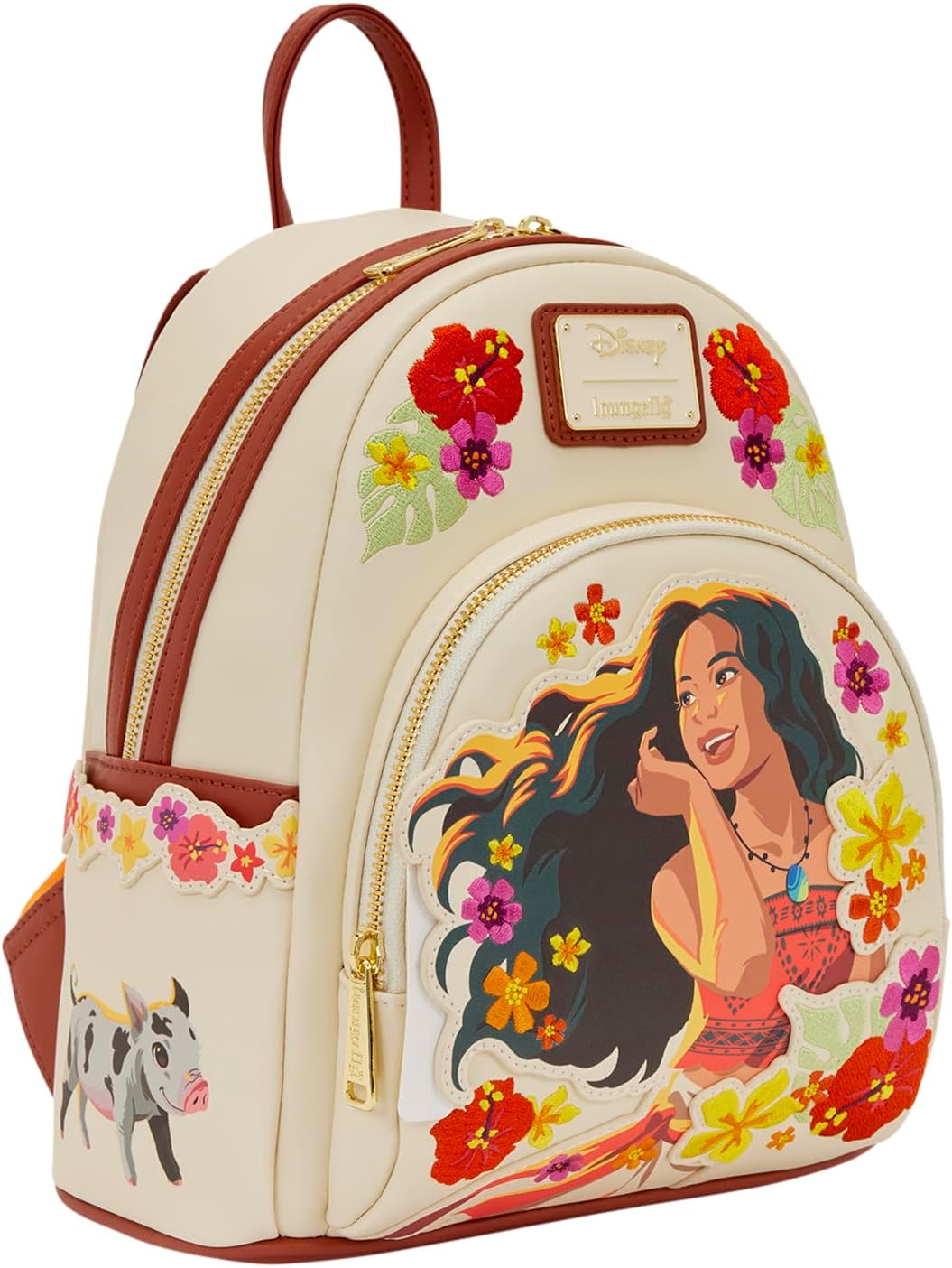 Loungefly Disney: Moana - Pua & Heihei - Floral Live Action - Mini mochila con compartimentos grandes - Ideal para niños y adultos - Bolsas coleccionables