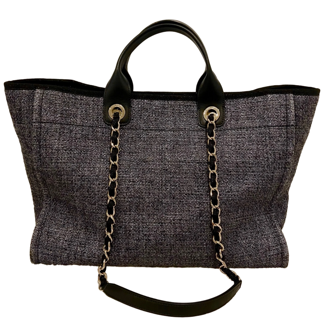 CHANEL '19C LARGE BLACK TWEED' DEAUVILLE SHOPPING TOTE GOLD HARDWARE