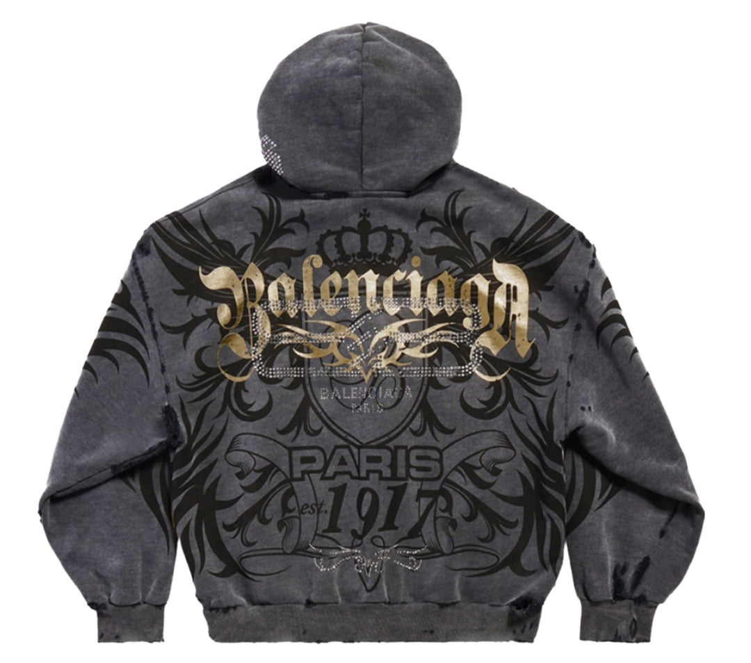 BALENCIAGA 'TACKY' EMBELLISHED METALLIC LOGO ZIP UP HOODIE