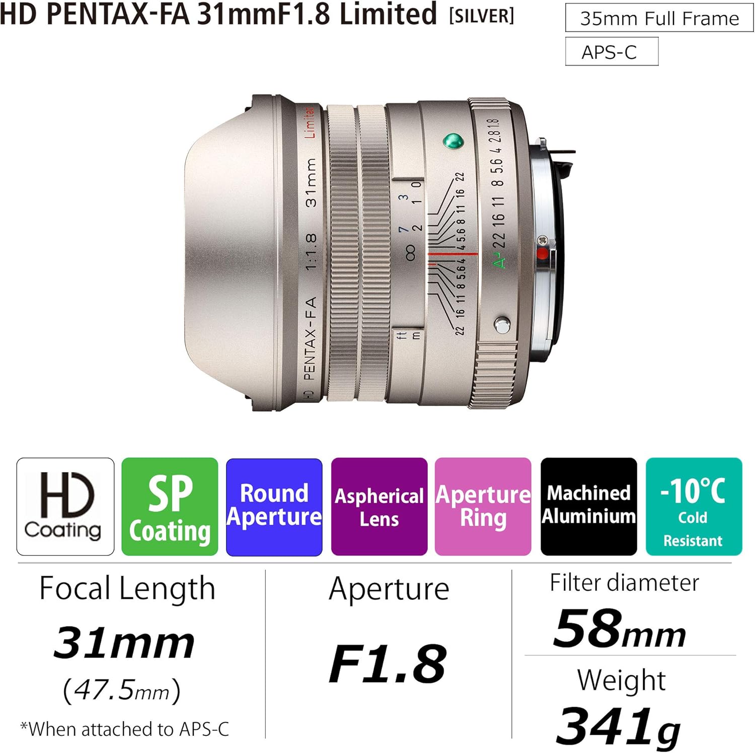 Pentax HD 31mm F1.8 Limited Silver Wide Angle Prime Lens [F1.8 Large Aperture Lens] [High Performance HD Coating] [SP Coating] [Round Diaphragm] [Machined Aluminum Body] (20220)