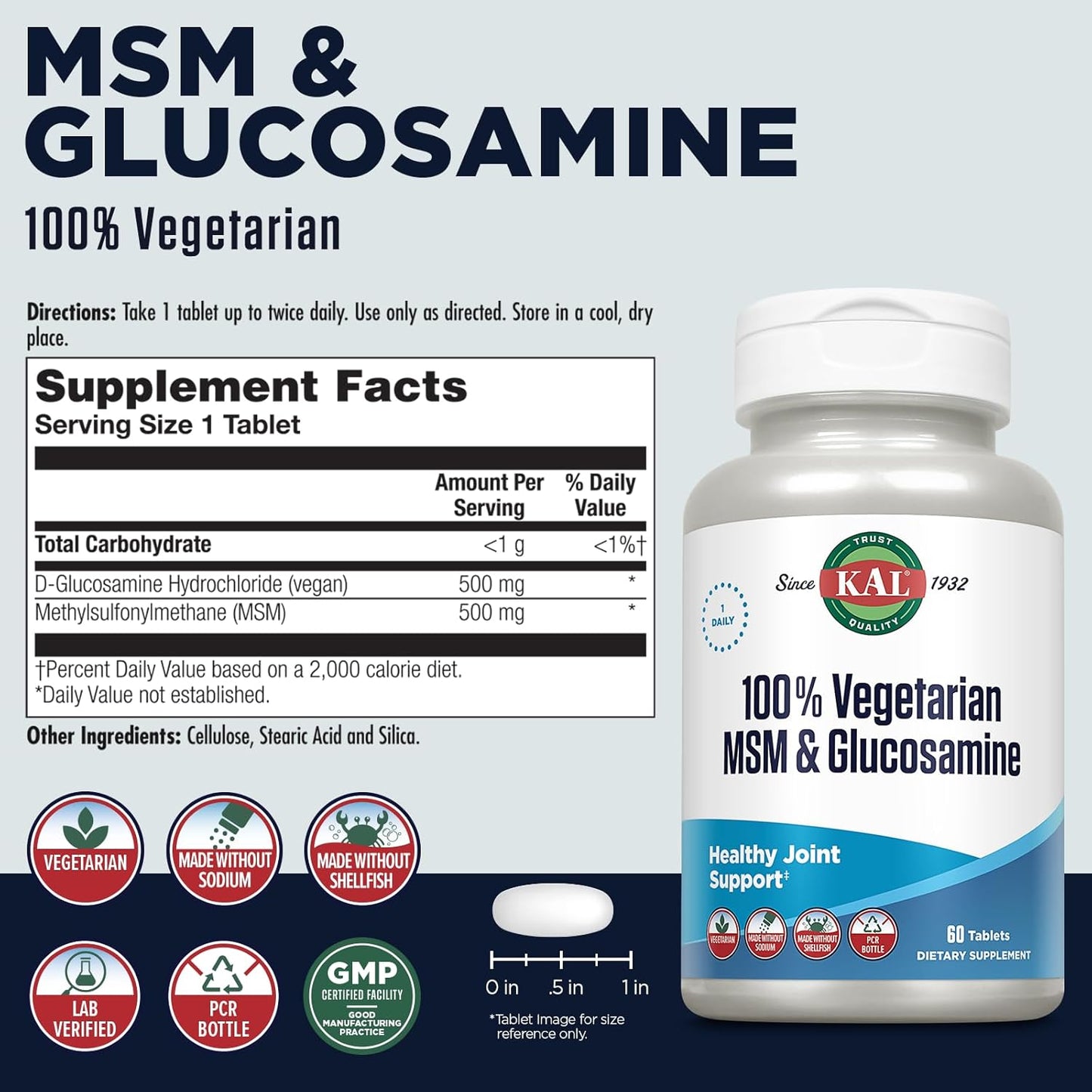 KAL 100% Vegetarian MSM and Glucosamine Tablet, 500 mg, 60 Count by Kal