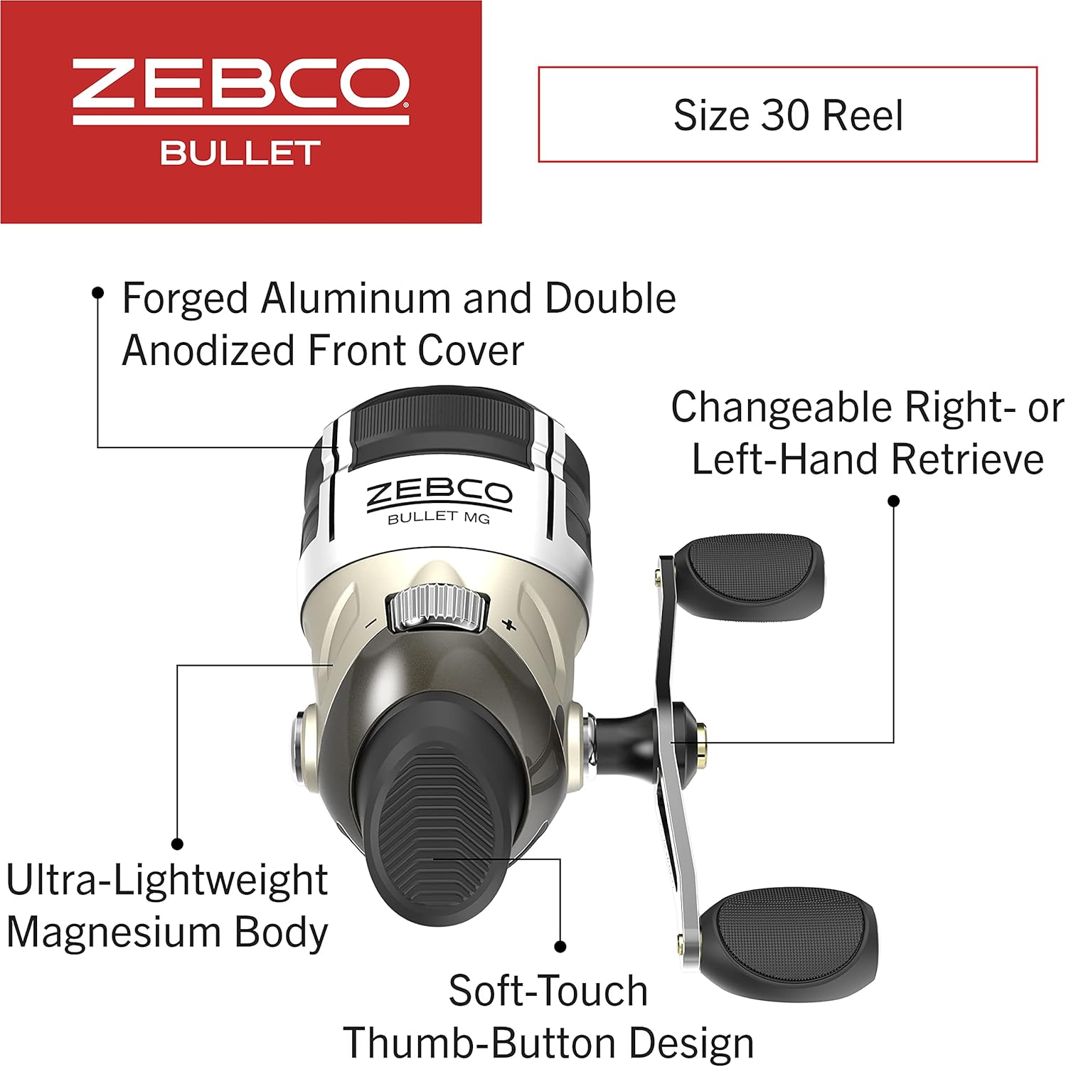 Zebco Bullet MG Spincast Fishing Reel Size 30 Reel Ultra Light Magnesium Body Right or Left Handed Changeable Extra Large Non-Slip Handle Knob Dark Silver Clam Package
