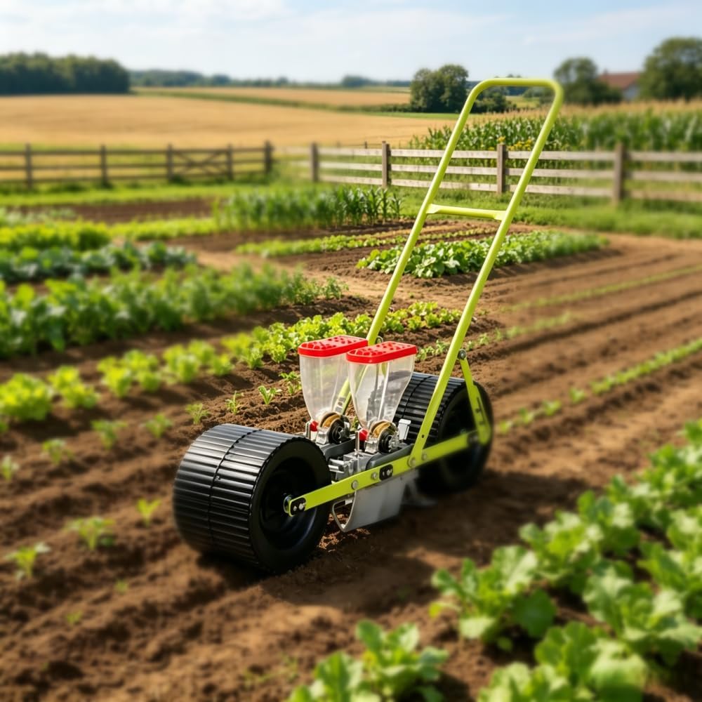 TVTKE手動野菜播種機 手押し式種子散布機 多機能 農具 動プッシュ 精密種まきツール 高さ調整可能な 省労力アイテム 調整可能な植物間隔 開溝・鎮圧・播種一体化 ほうれん草キャベツ種まき機 農機具 野菜 大根等 農業機械 種まき 家庭菜園 (2 条式野菜播種機) [並行輸入品]