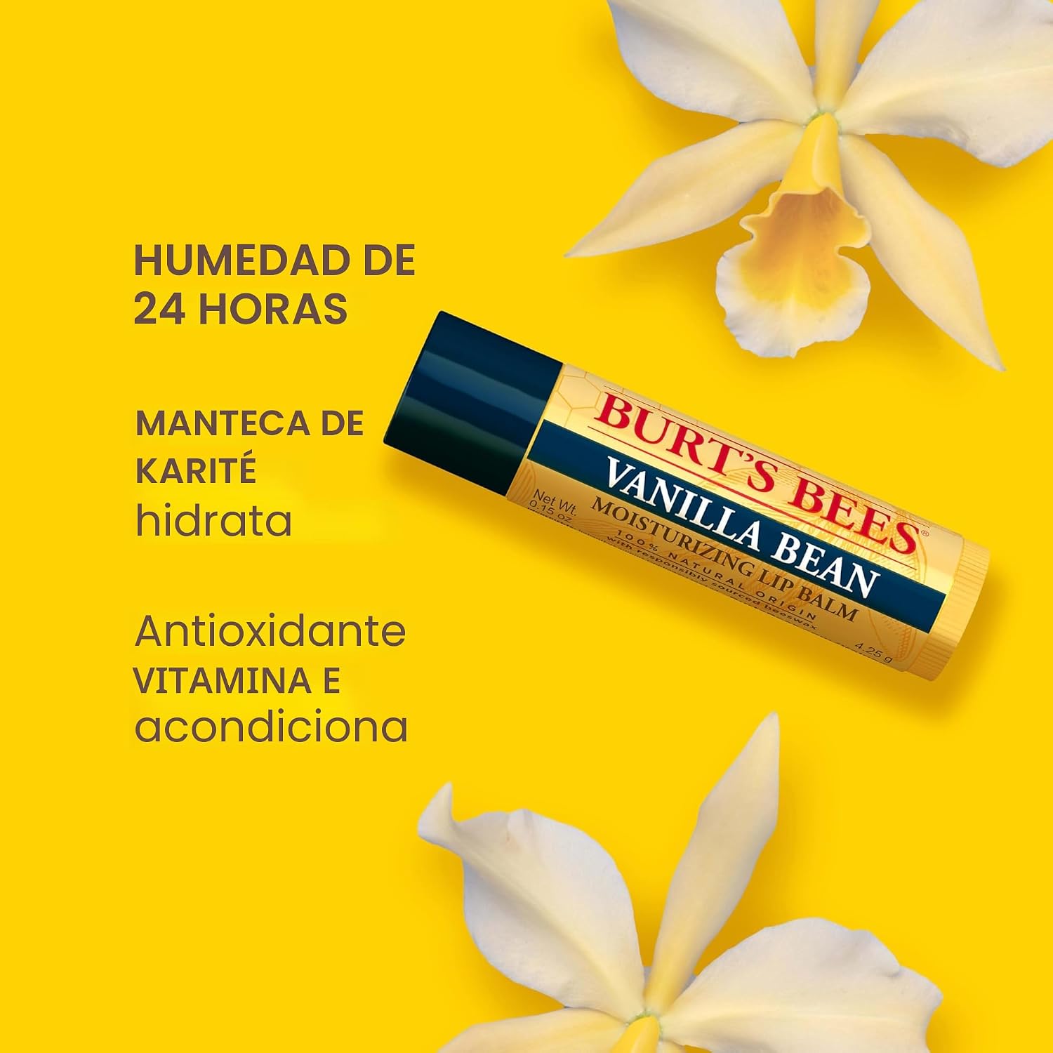 Burt's Bees Bálsamo labial hidratante 100% natural, Vaina de Vainilla - 4 tubos