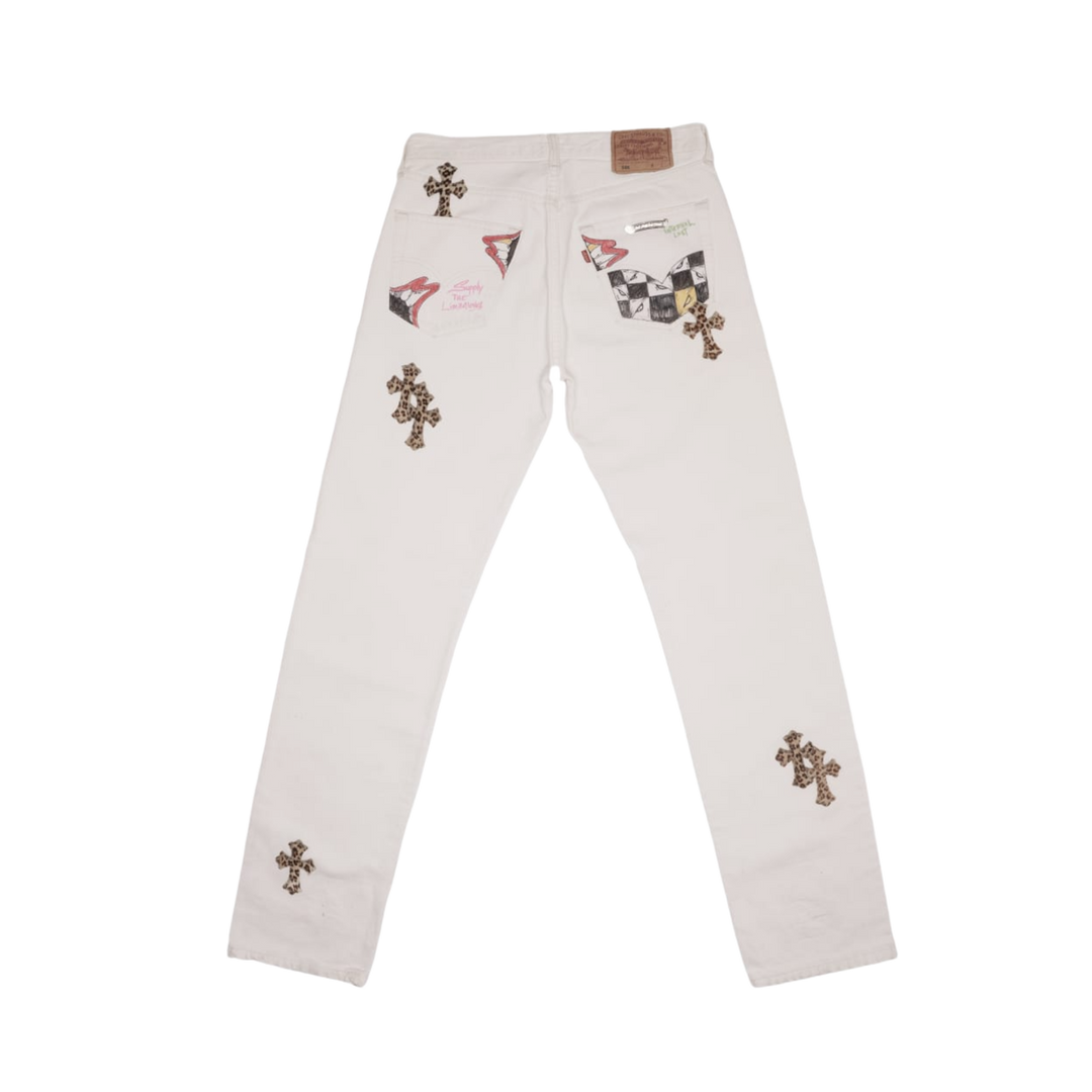 CHROME HEARTS MATTY BOY 'SEX RECORDS CHEETAH PATCH' LEVI 501 WHITE JEANS