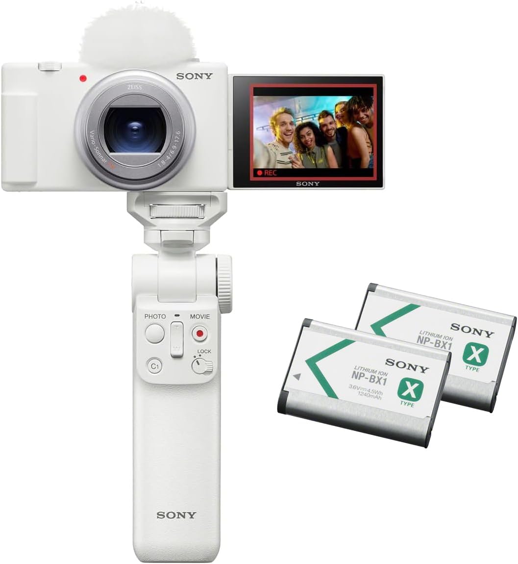 Sony ZV-1II Compact Digital Camera VLOGCAM Vlog Camera ZV-1II Shooting Grip Kit with Windscreen Zoom Lens, White ZV-1M2G W+ (Genuine SanDisk Product) SD Card, 64GB SDXC, Class 10, UHS-II V90, Read Up