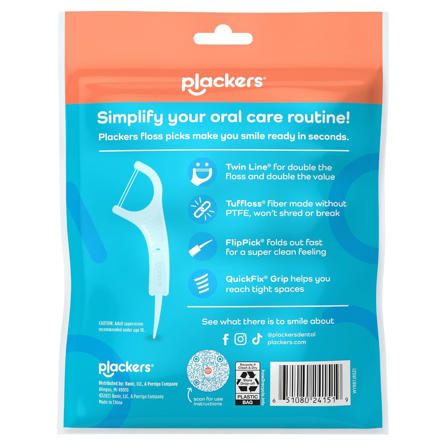 Plackers Twin Line - Púas de hilo dental de doble línea, fácil almacenamiento, sabor a menta fresca, 300 unidades