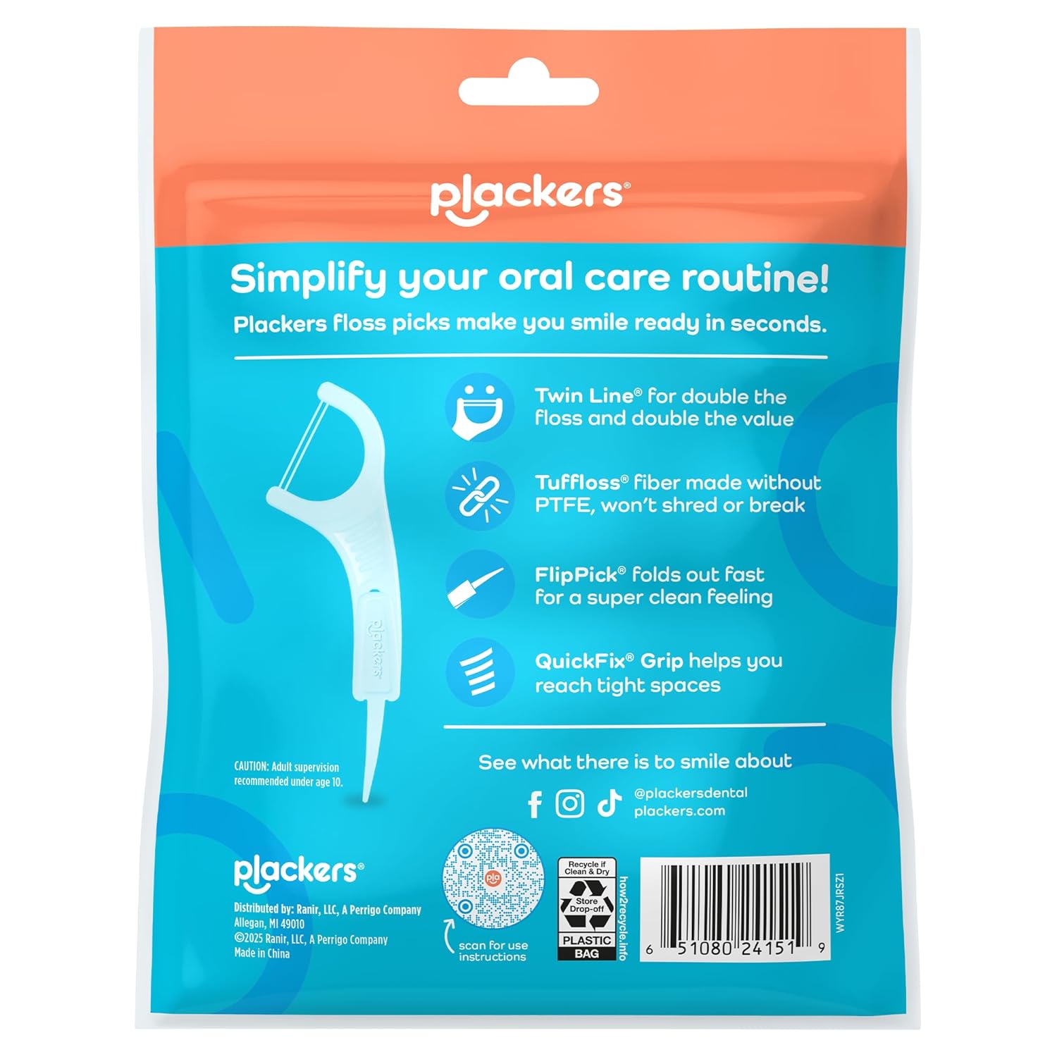 Plackers Twin Line - Púas de hilo dental de doble línea, fácil almacenamiento, sabor a menta fresca, 300 unidades