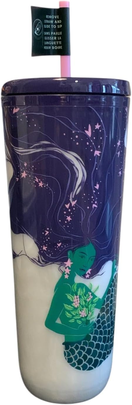 Starbucks Siren Mermaid Pearlescent Purple Venti - Vaso de doble pared con tapa para popote o sorbo 24 onzas