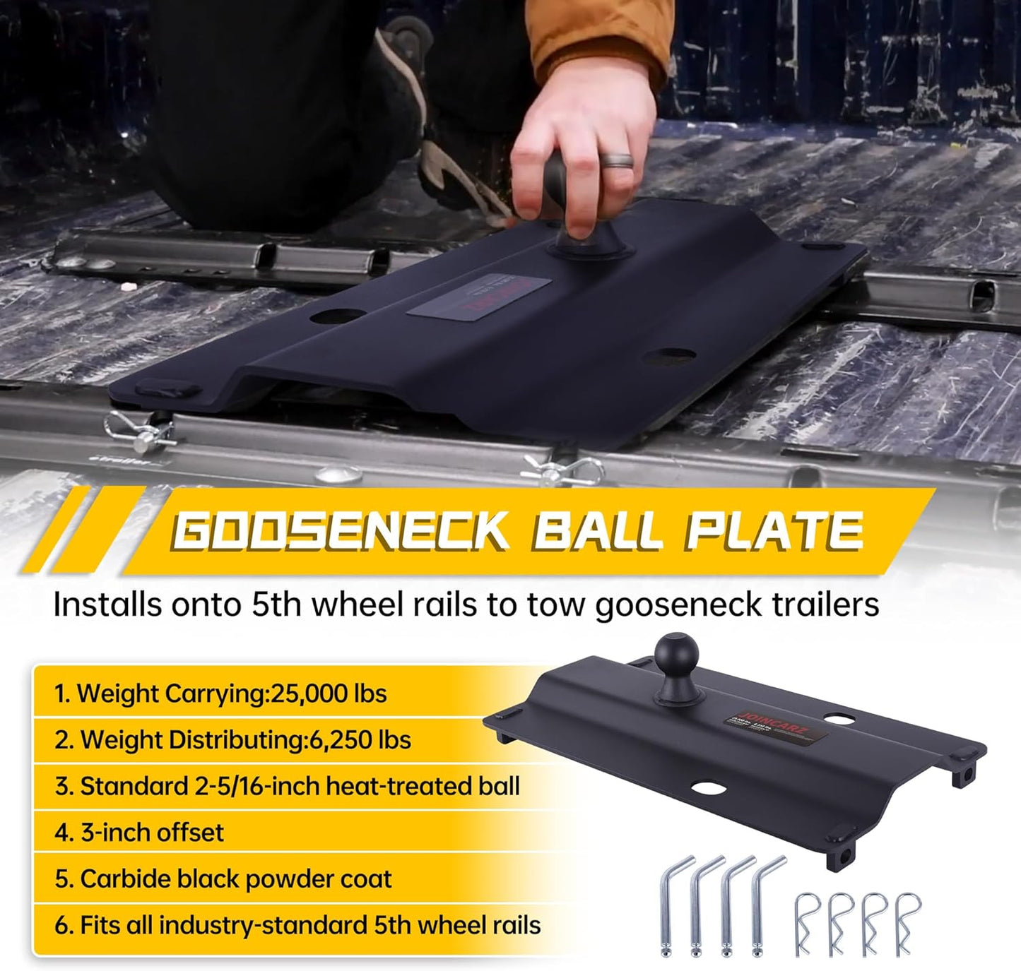 Placa de Bola de Cuello de Ganso de 25,000 libras Compatible con Rieles de Quinta Rueda, Adaptador de Enganche de Cuello de Ganso para Remolque de Cama de Camioneta, Bola de 2-5/16 Pulgadas