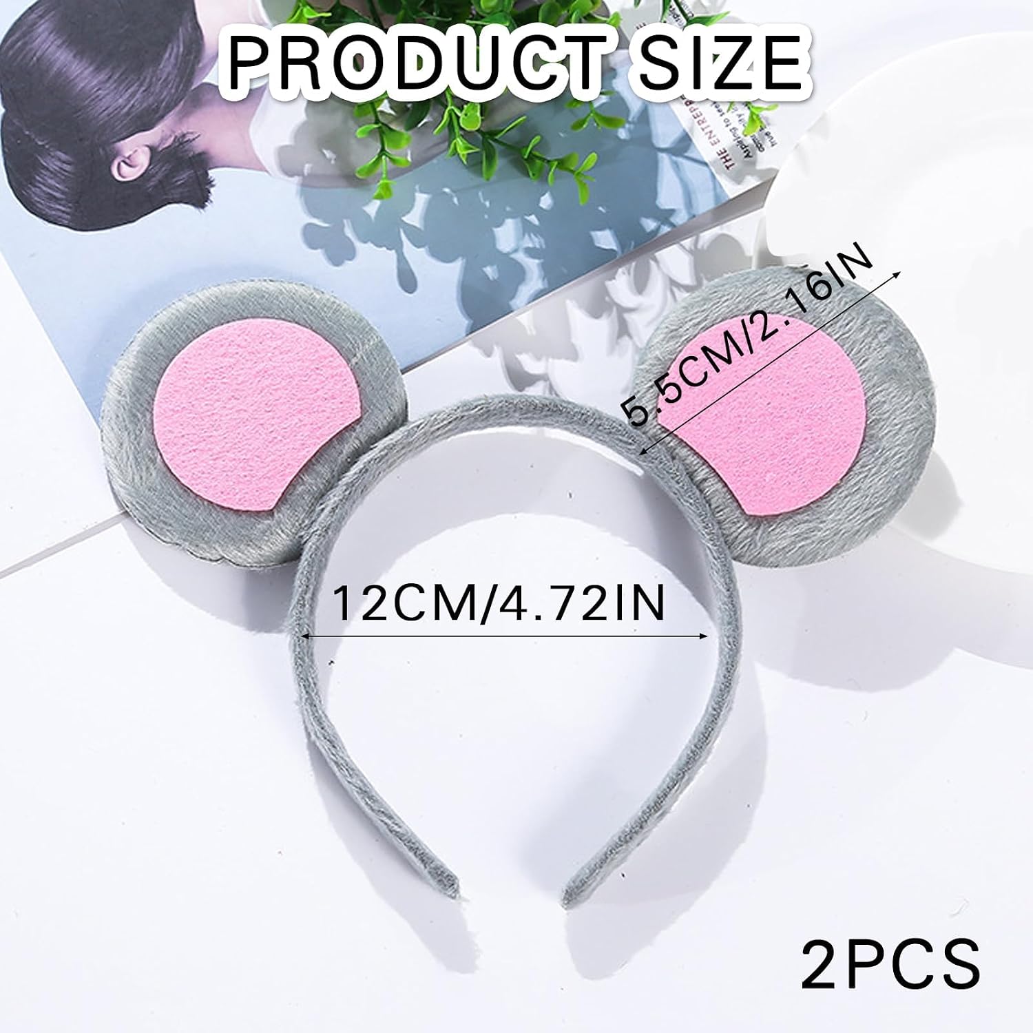 EUPSIIU 2 x Cartoon Mouse Ears on Grey Headband, Animal Mouse Ears Hair Bands for Children, Adults, Costume Animal Accessories, Halloween Carnival Party (Grey)