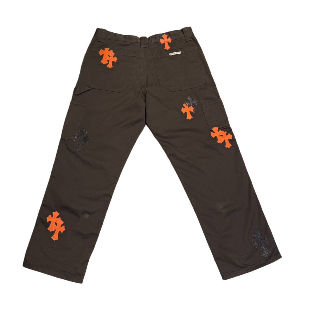 CHROME HEARTS 'BLACK/ORANGE CROSS PATCHES' BROWN DOUBLE KNEE CARPENTER PANTS