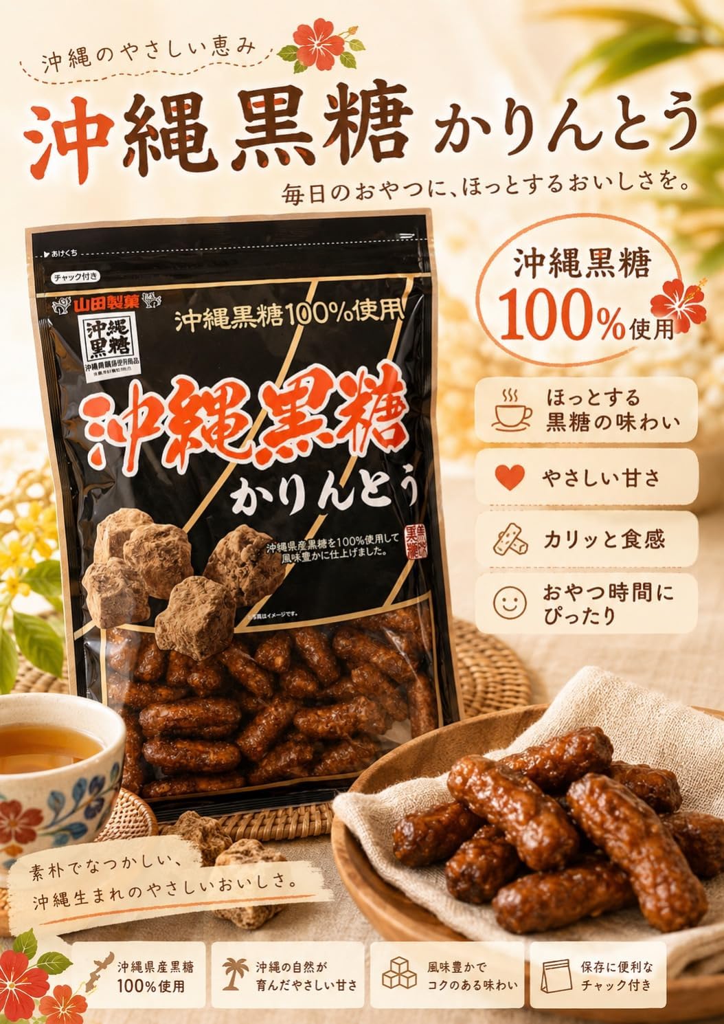 沖縄黒糖かりんとう 140g×2袋セット 沖縄県産黒糖100%使用 チャック付き お茶請け おやつ 沖縄土産 個包装なし
