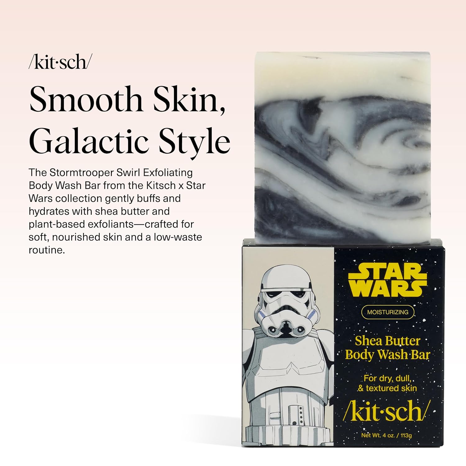 Kitsch Jabón corporal exfoliante de manteca de karité x diseño de Stormtrooper de Star Wars, jabón en barra hidratante y barra de jabón suave, hidrata, suaviza y calma la piel, sin parabenos, silicona