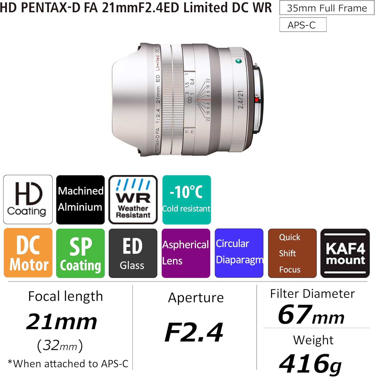 HD PENTAX-D FA 21mmF2.4ED Limited DC WR Silver Ultra Wide Angle Single Focus Lens [For Full Frame DSLR Cameras] Limited Lens Machined Aluminum Lens Barrel