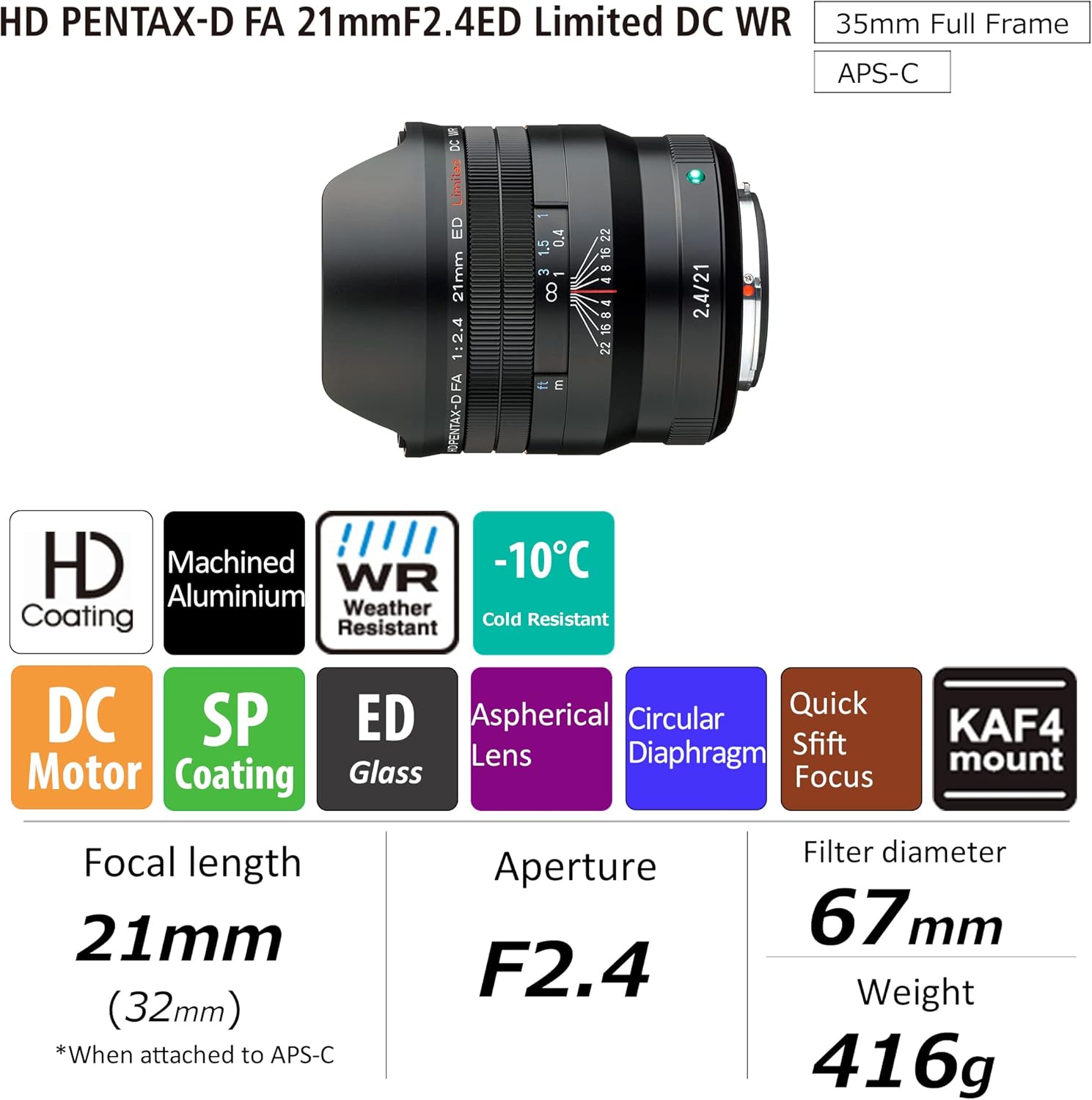 Pentax FA 21mmF2.4ED Limited DC WR Black Ultra Wide Angle Monofocal Lens [For Full Frame DSLR Cameras] Limited Lens Machined Aluminum Lens Barrel (28040)