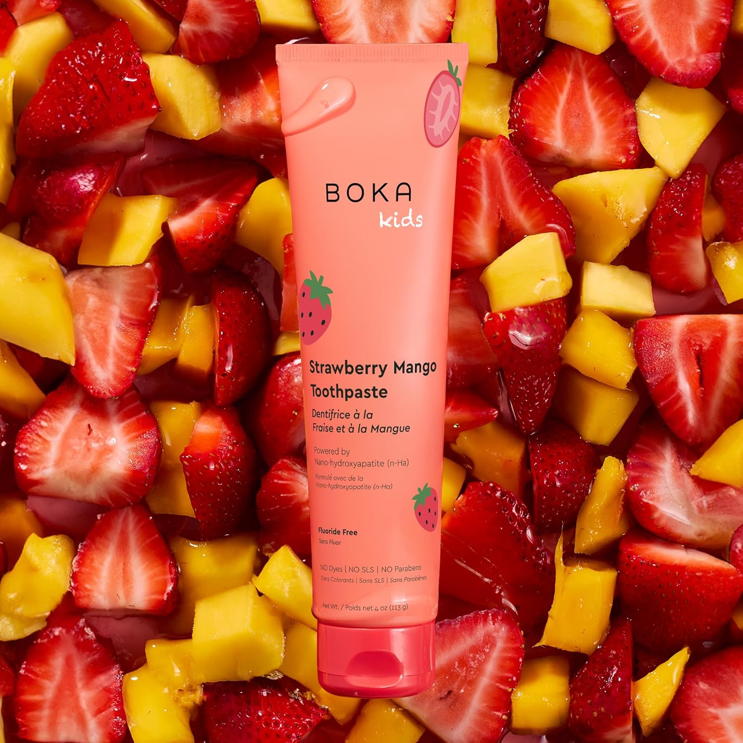 Boka Pasta de dientes sin flúor Nano Hydroxiapatite Pasta de dientes - Sabor fresa y mango, 4 oz 1 paquete
