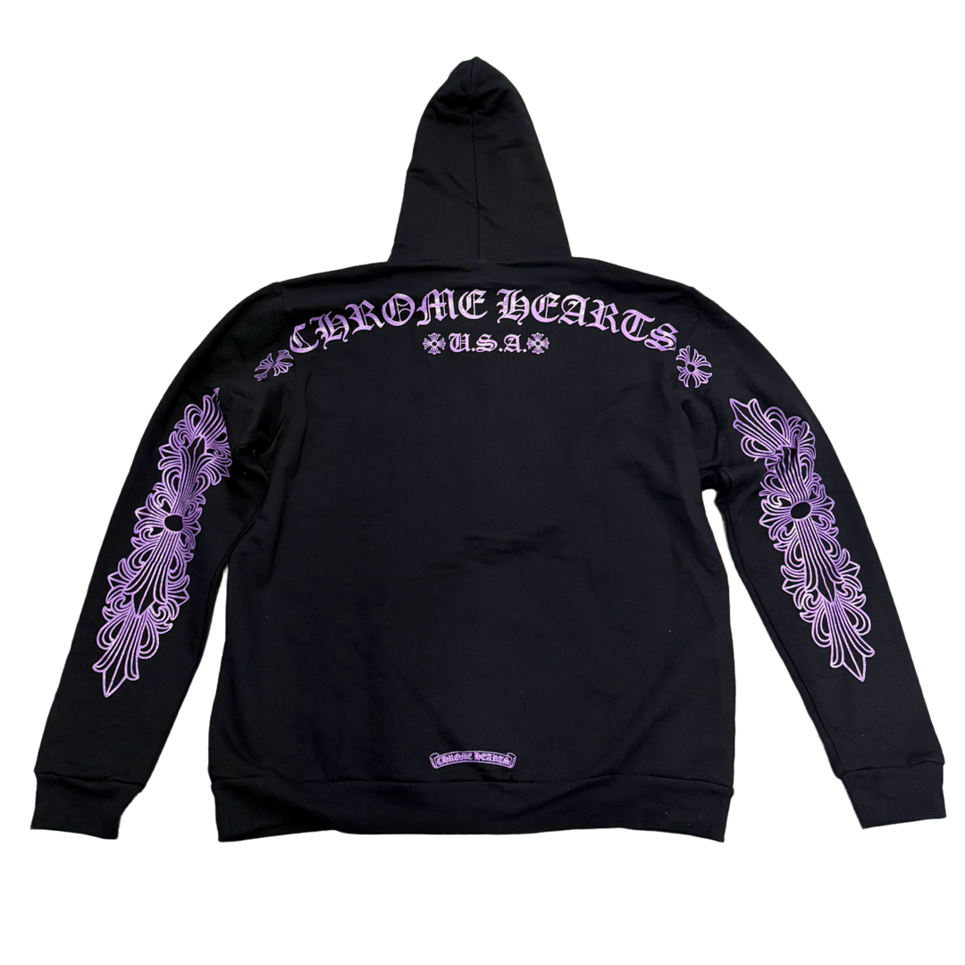 CHROME HEARTS FRIENDS AND FAMILY 'PURPLE GLITTER' HORSESHOE FLORAL BLACK HOODIE
