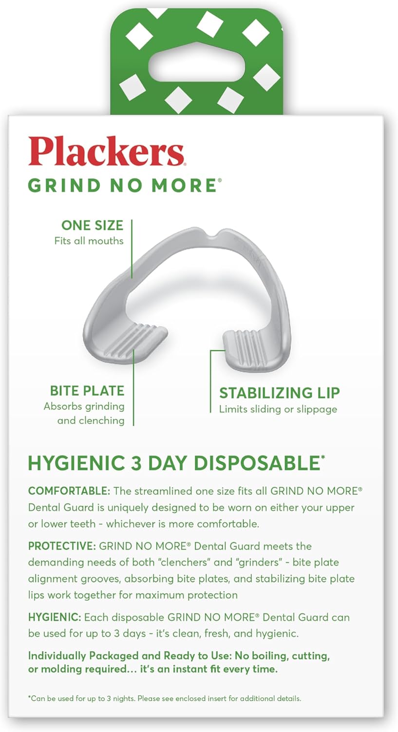 Protector bucal Plackers Grind No More para la noche, protección nocturna para los dientes, sin BPA, duerma bien, listo para usar, desechable, talla única para todos, 16 unidades