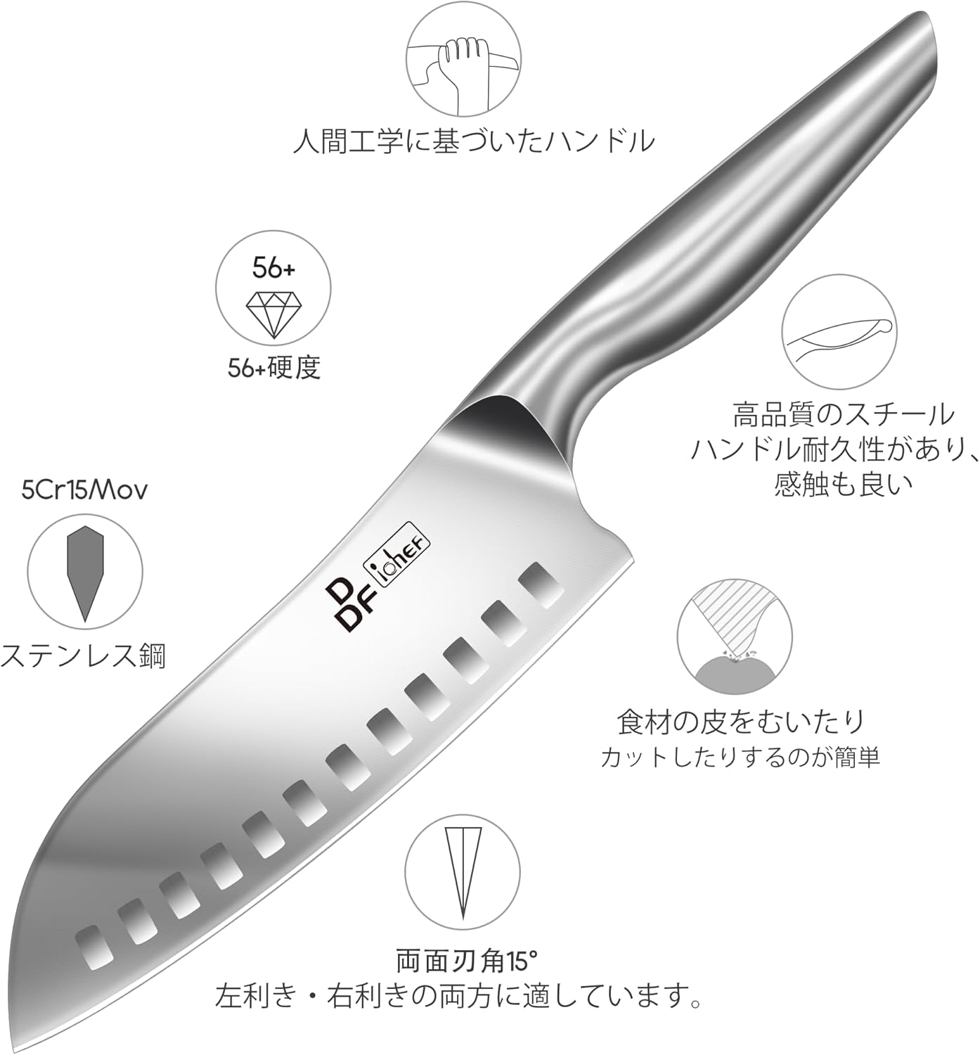 DDF iohEF Knife, Santoku Knife, 6.5 inches (165 mm), All-Purpose Chef's Knife, Non-Slip Handle, Extremely Sharp and Rustproof, Upgrade Version of German High Carbon Steel, Suitable for Cutting Kitchen