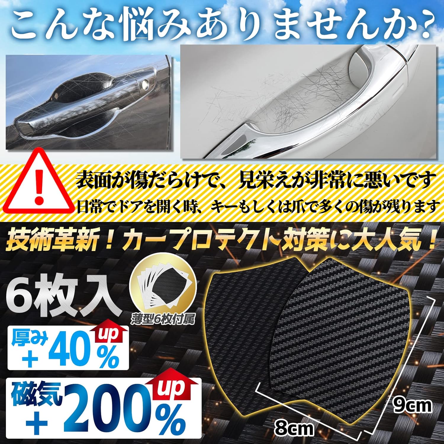 Car Door Knob Protector, Magnetic, Anti-Scratch, Carbon Door Handle Protection, Protective Film, 3.5 x 3.1 in (9 x 8 cm), Aluminum, Steel, Black 6 Protectors and 6 Door Knob Protector Stickers