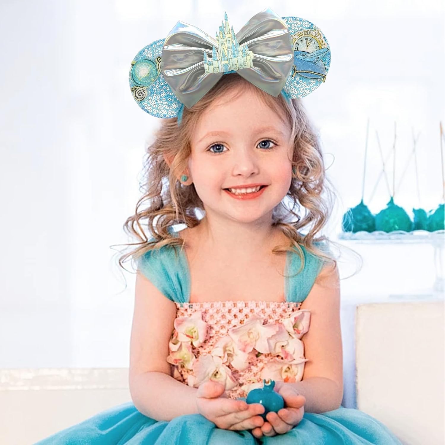 LYLIN Diadema con orejas de ratón, orejas de ratón azules con lazos de castillo para mujeres y niñas, accesorios para el cabello, orejas de parque, viajes, fiesta, cosplay, accesorios