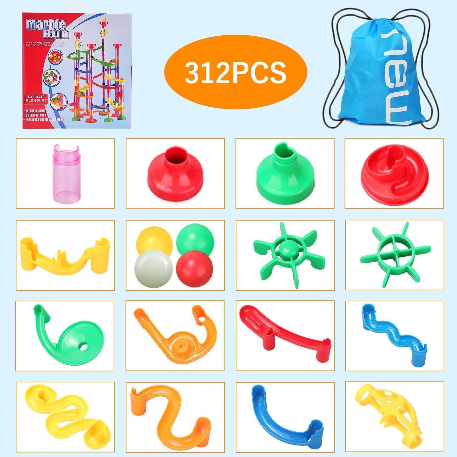 312 Pcs Bead Coasters Educational Toys Slope Looping Set for Kids Building DIY Building Blocks Indoor Play Boys Girls Birthday Present Marble Rolling Toy Blocks