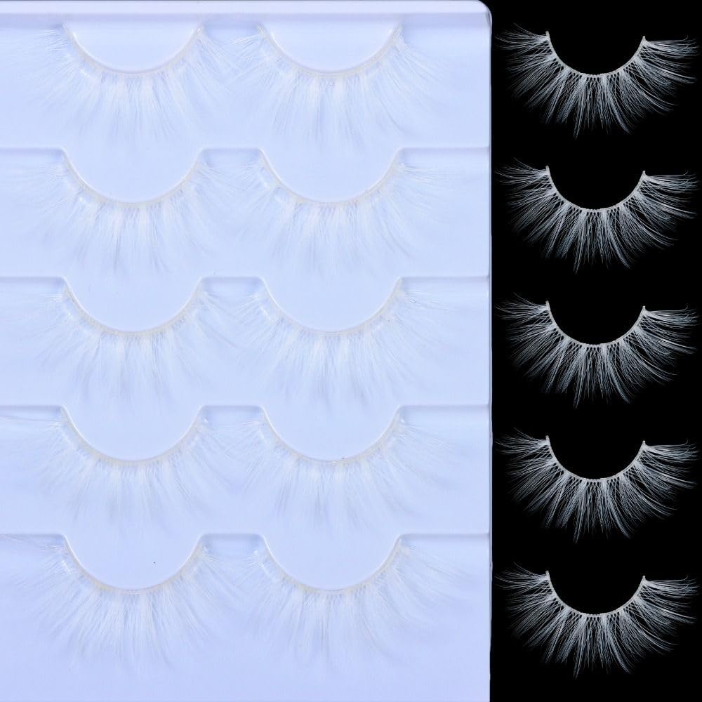 5 Pairs White False Eyelashes, Cosplay Eyelashes, 3D Multilayer Anime Cartoon Eyelashes Effect, Fluffy, Fluffy, Cat Eyes, White False Eyelashes, Fancy Dress Eyelashes Tool (White)