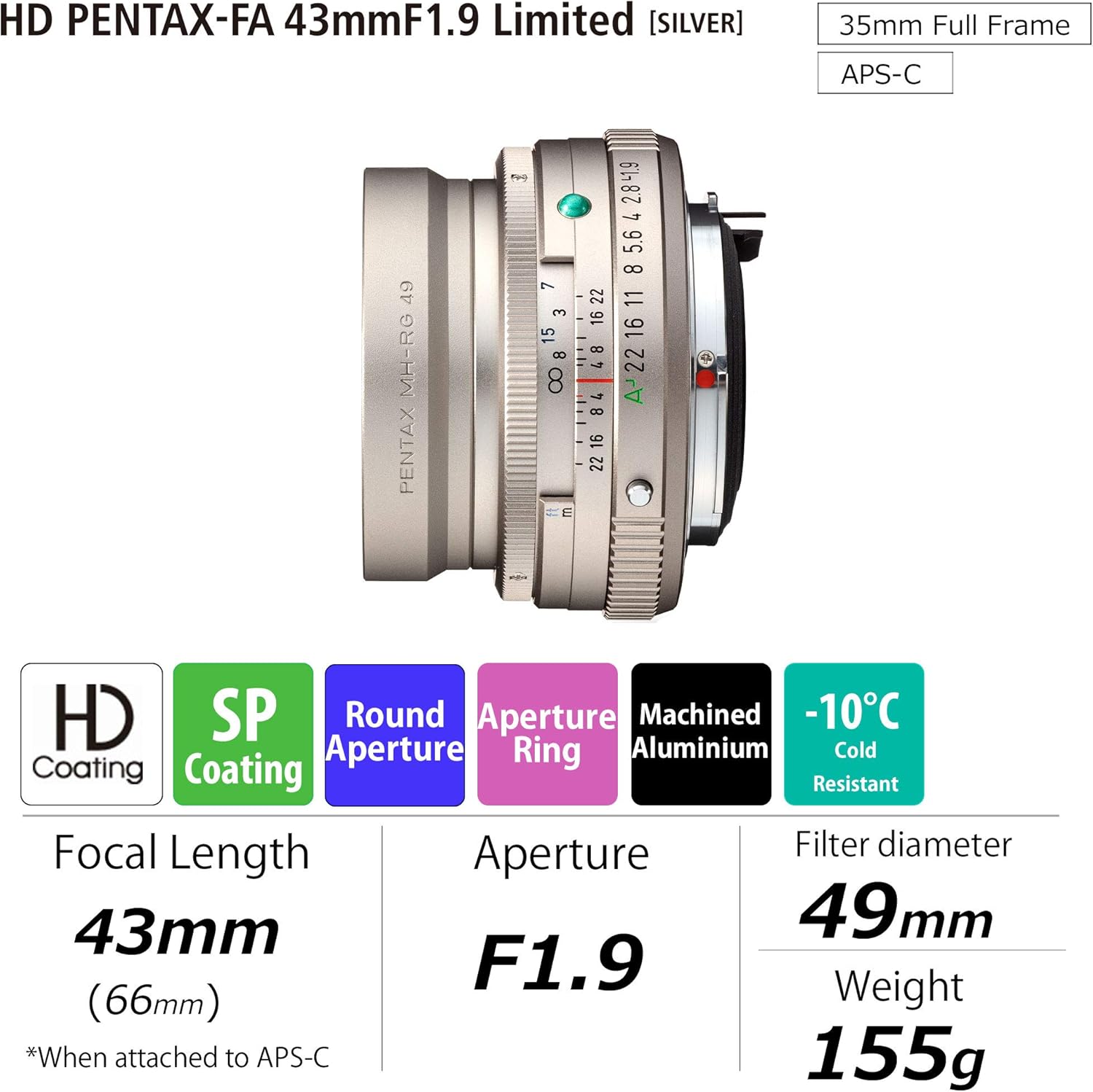 Pentax HD 43mm F1.9 Limited Silver Limited Lens, Standard Prime Lens, [F1.9 Large Aperture Lenses] [High Performance HD Coating] [SP Coating] [Round Diaphragm] [Machined Aluminum Body] (20150)