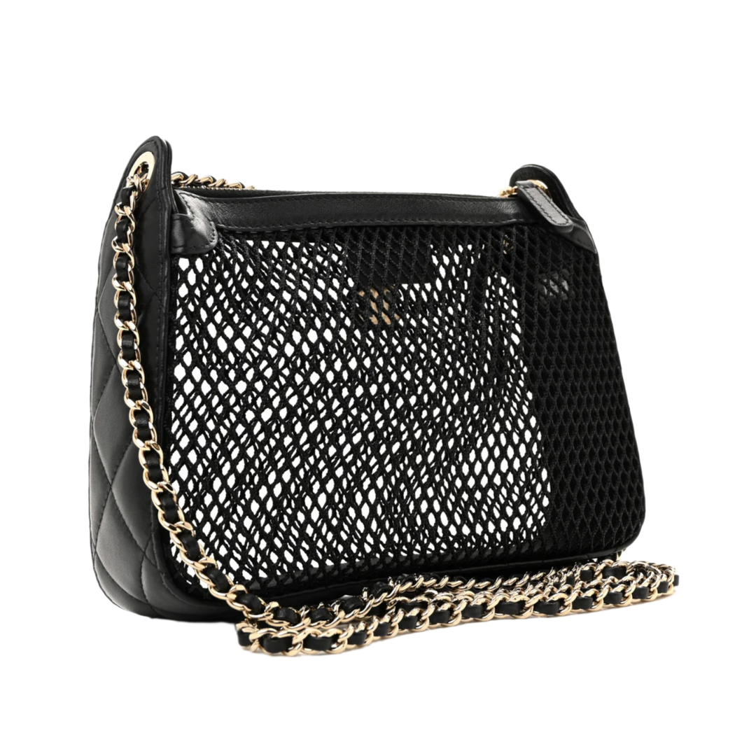 CHANEL 25S MESH SHINY LAMBSKIN BLACK CLUTCH WITH CHAIN AND WALLET