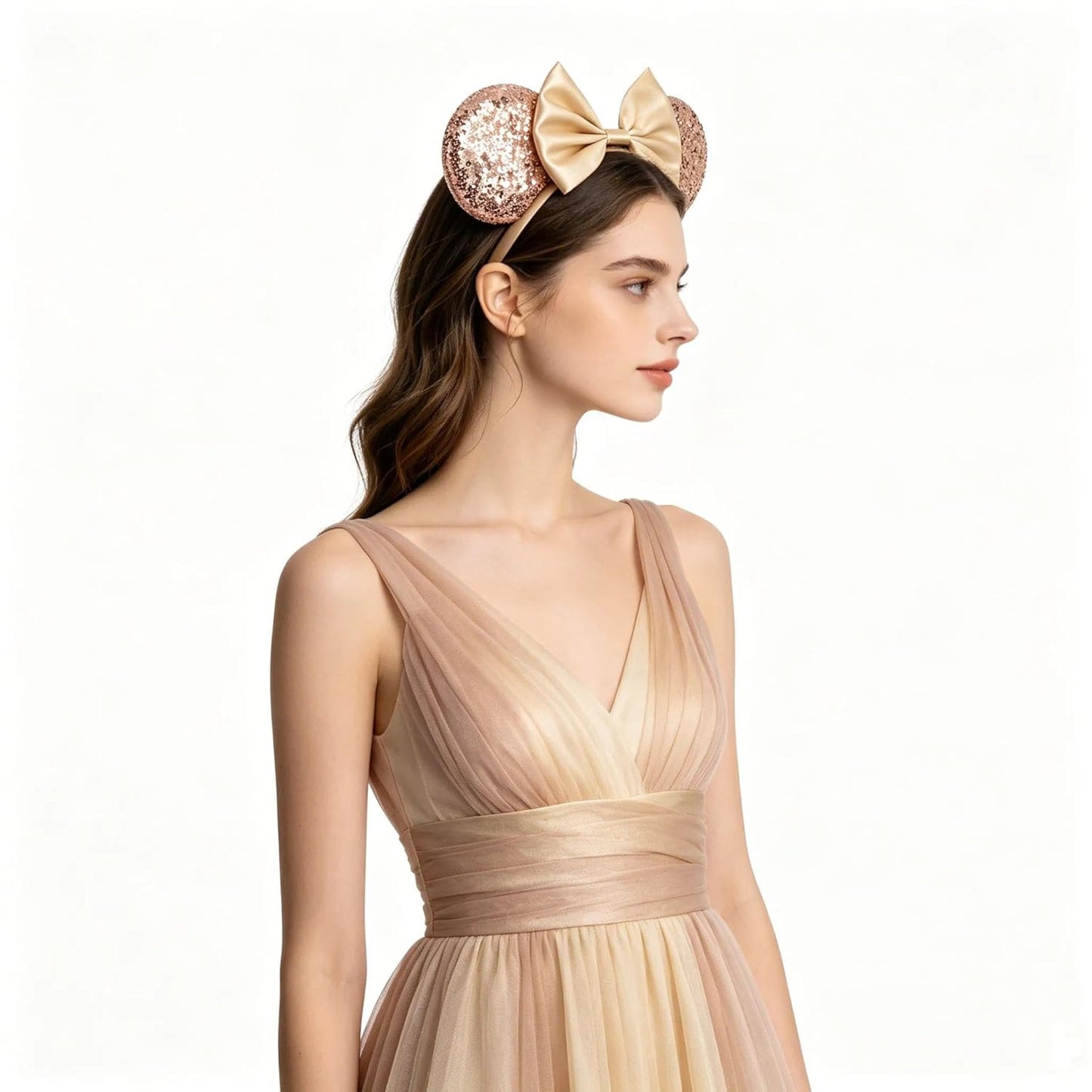 bianbaistar Diadema con orejas de ratón con purpurina champán, lazo de satén de lujo para eventos nupciales y días de parque